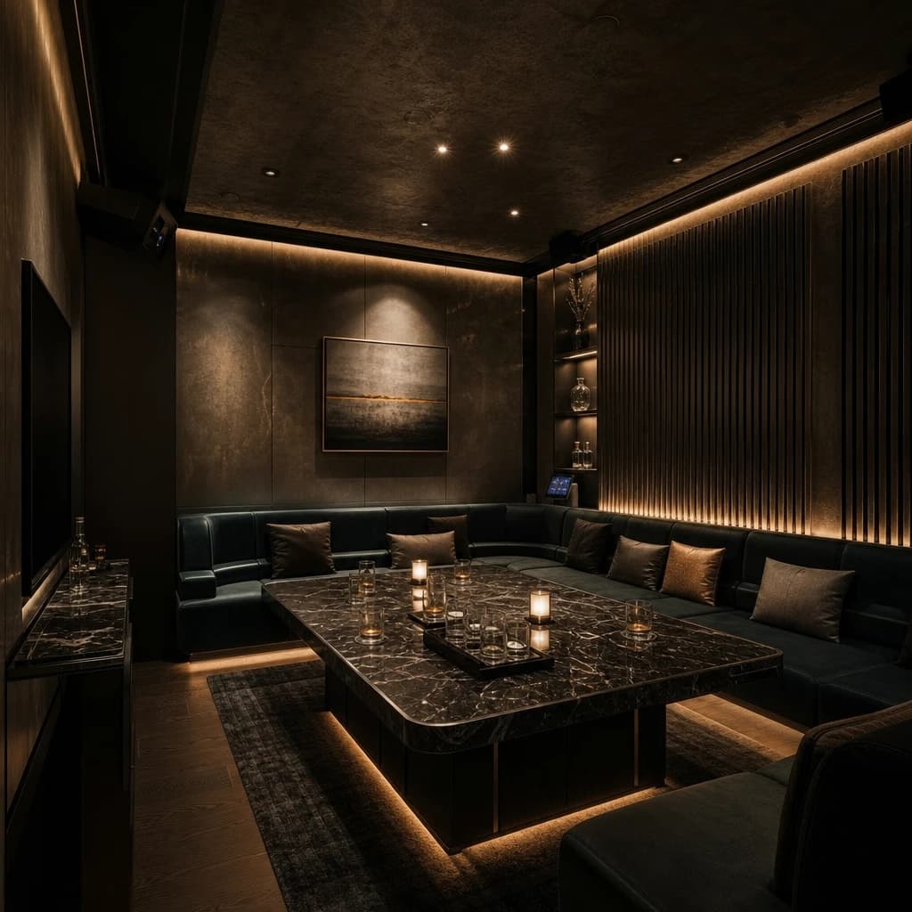 강남 도깨비 쩜오의 프라이빗 룸, 어두운 벽과 세로 루버 간접 조명 아래 검은 소파가 촛불이 놓인 대리석 테이블을 둘러싸고 있음